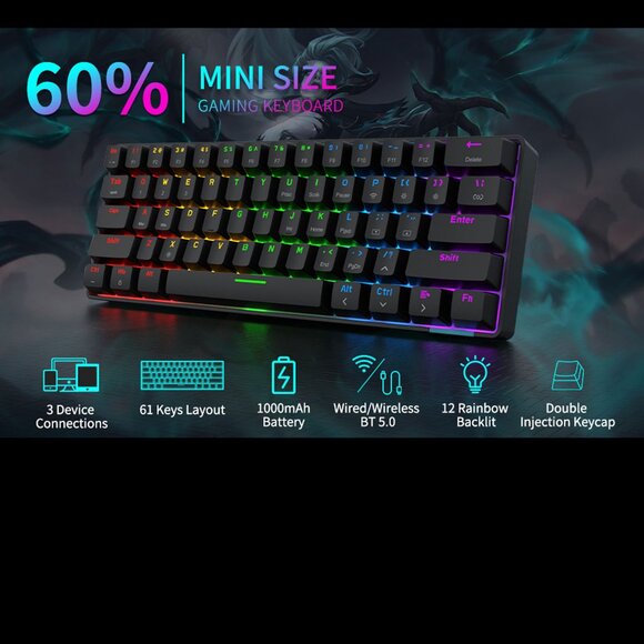 Gaming RBG Keyboard Wired Wireless Bluetooth Rainbow Backlit Black Light 61 Keys - Picture 7 of 11
